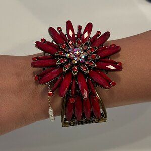 Vtg Flower Cuff Hinge Bangle Bracelet